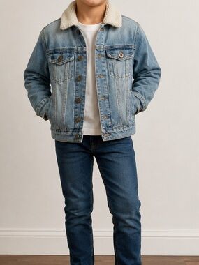 Sovereign Code Boys Sherpa Lined Denim Trucker Jacket Size 7 Light Indigo